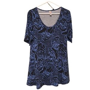LuLaRoe Perfect-T Top Womens XL Blue Black Floral Rose A-Line Side Slit T-Shirt